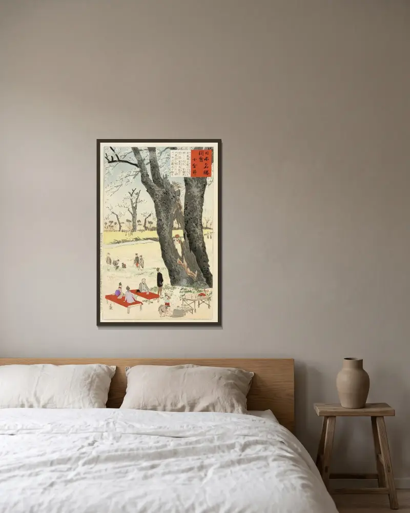 Koganei, Cherry Blossoms av Kobayashi Kiyochika inramad på en vägg