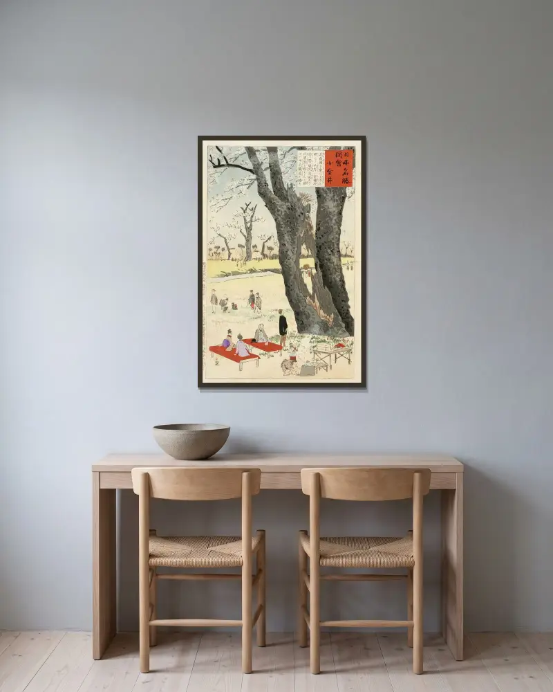 Koganei, Cherry Blossoms av Kobayashi Kiyochika inramad på en vägg