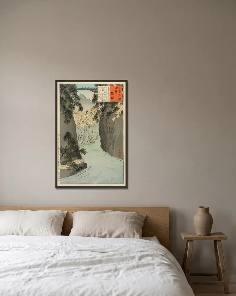 Monkey Bridge av Kobayashi Kiyochika inramad på en vägg