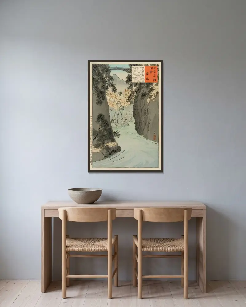 Monkey Bridge av Kobayashi Kiyochika inramad på en vägg