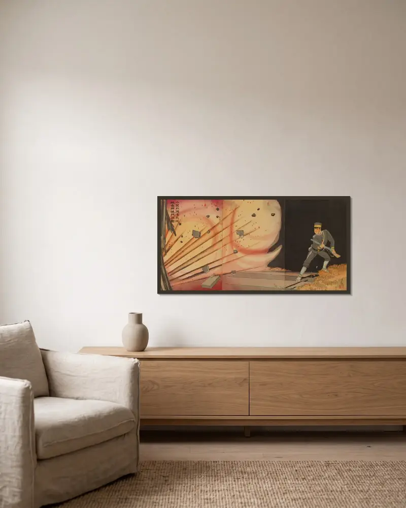 Onoguchi Tokuji sprengt die Tore der Festung Jinzhou von Kobayashi Kiyochika gerahmt an einer Wand
