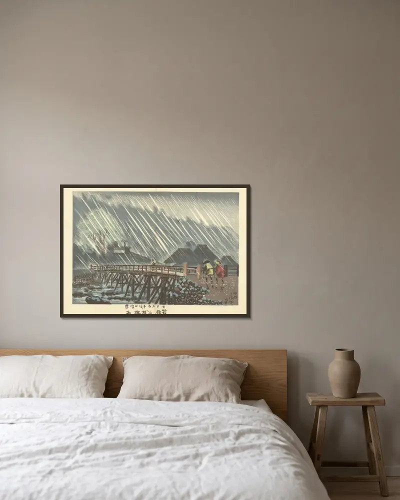 Regen bei Sanmaibashi in Hakone von Kobayashi Kiyochika gerahmt an einer Wand