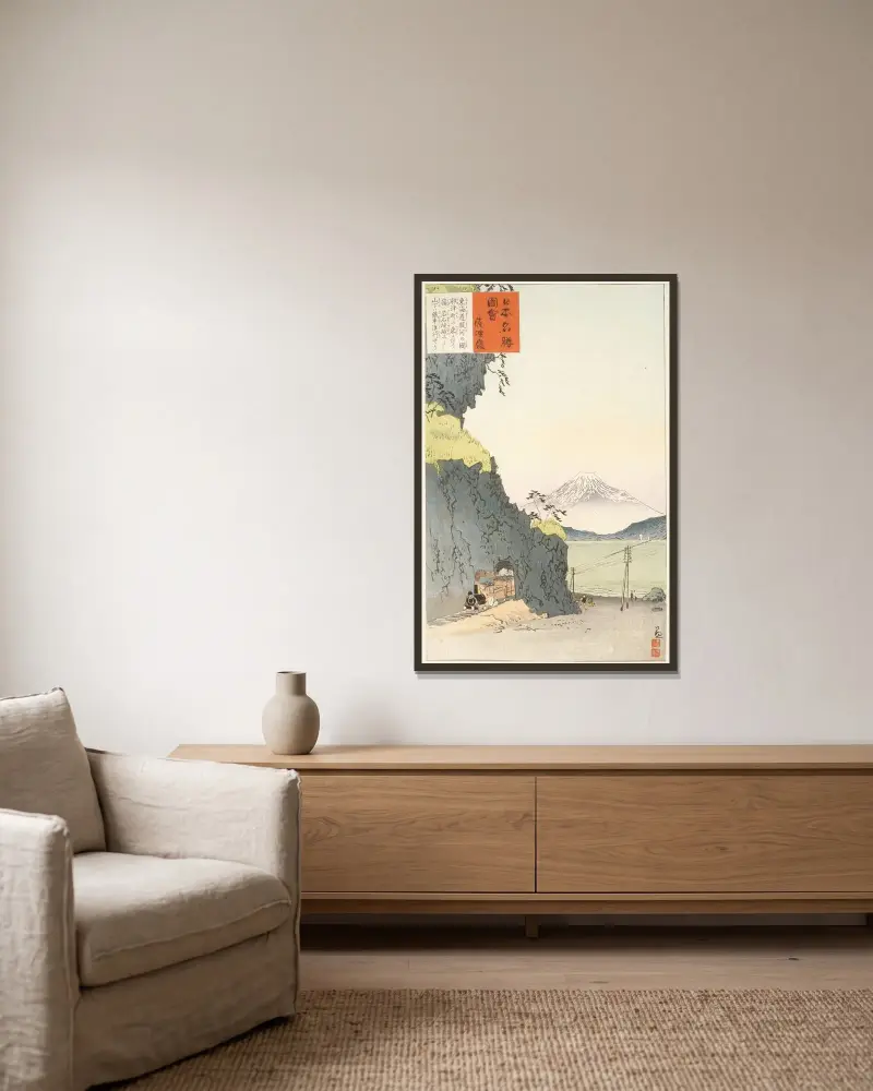 Satta Pass on the Tōkaidō av Kobayashi Kiyochika inramad på en vägg