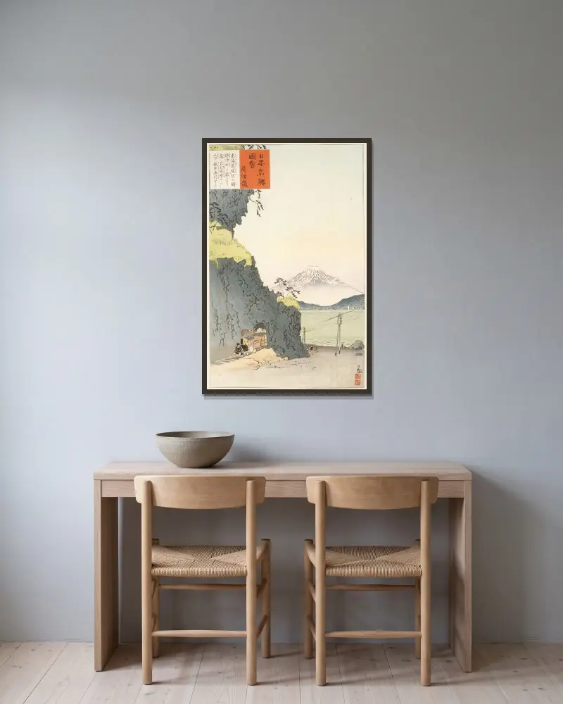 Satta Pass on the Tōkaidō av Kobayashi Kiyochika inramad på en vägg