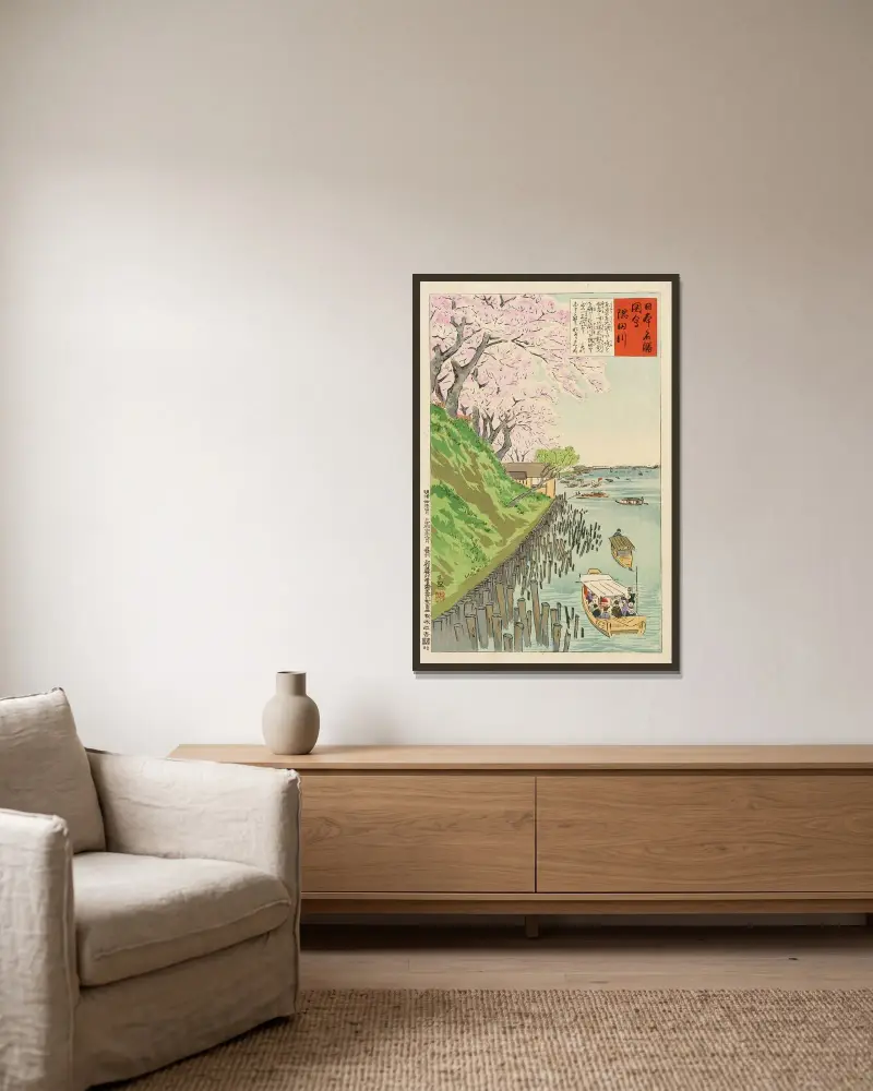 Sumida River av Kobayashi Kiyochika inramad på en vägg