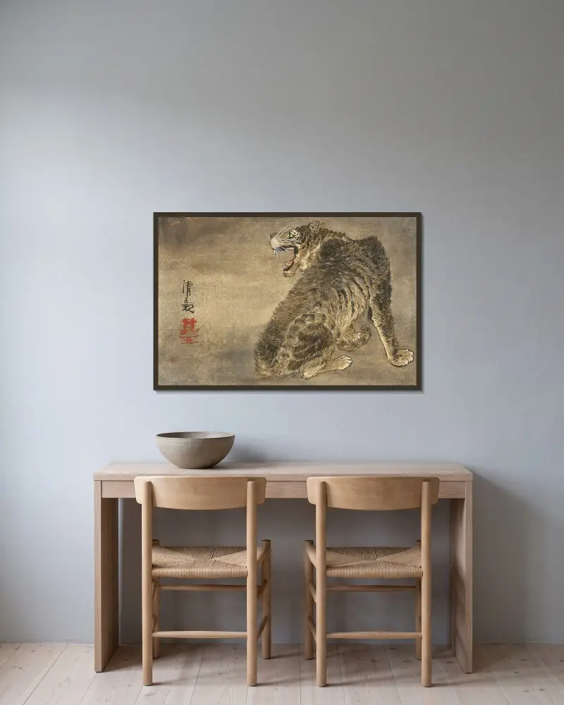 Tiger och blixt av Kobayashi Kiyochika inramad på en vägg