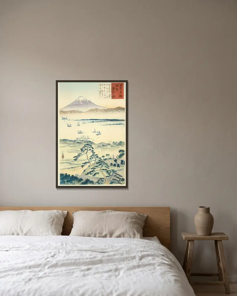 Vy av Fuji från Kiyomigatas kust av Kobayashi Kiyochika inramad på en vägg