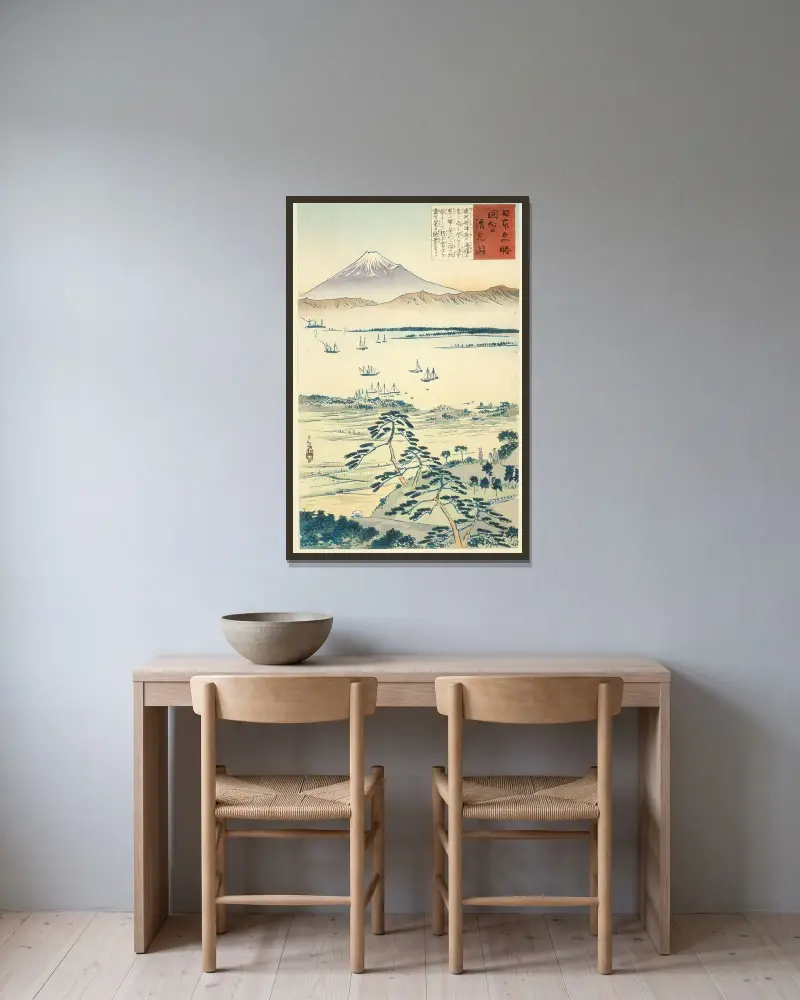 Vy av Fuji från Kiyomigatas kust av Kobayashi Kiyochika inramad på en vägg