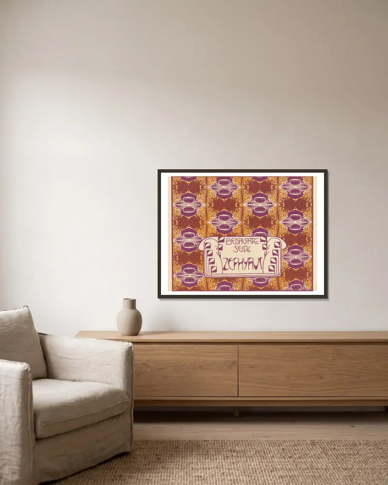 Bedruckte Seide Zephyrus (Zephyrus Printed Silk) av Koloman Moser inramad på en vägg