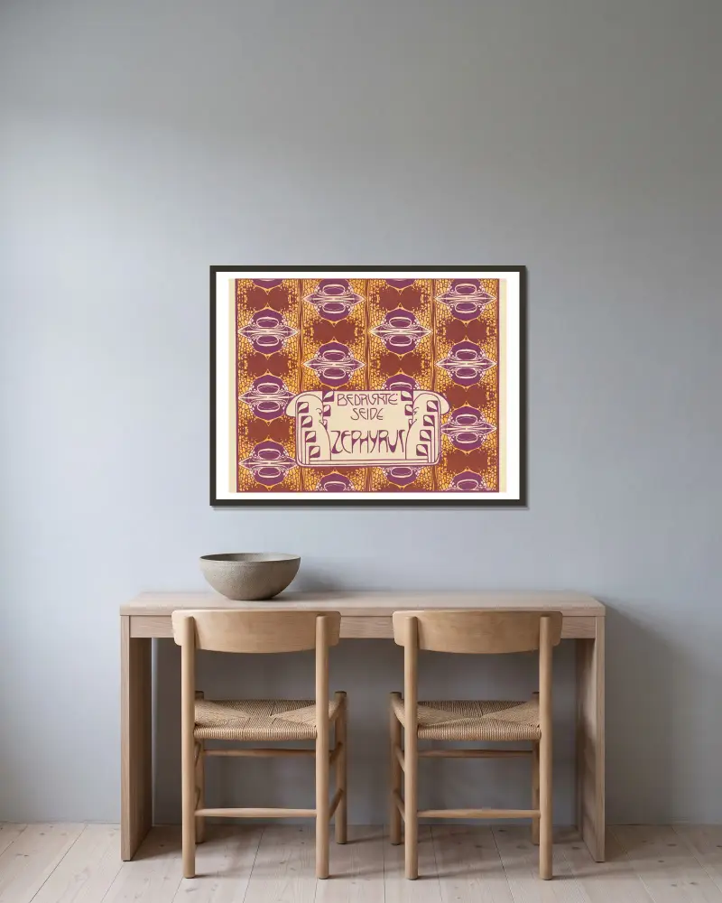 Bedruckte Seide Zephyrus (Zephyrus Printed Silk) av Koloman Moser inramad på en vägg