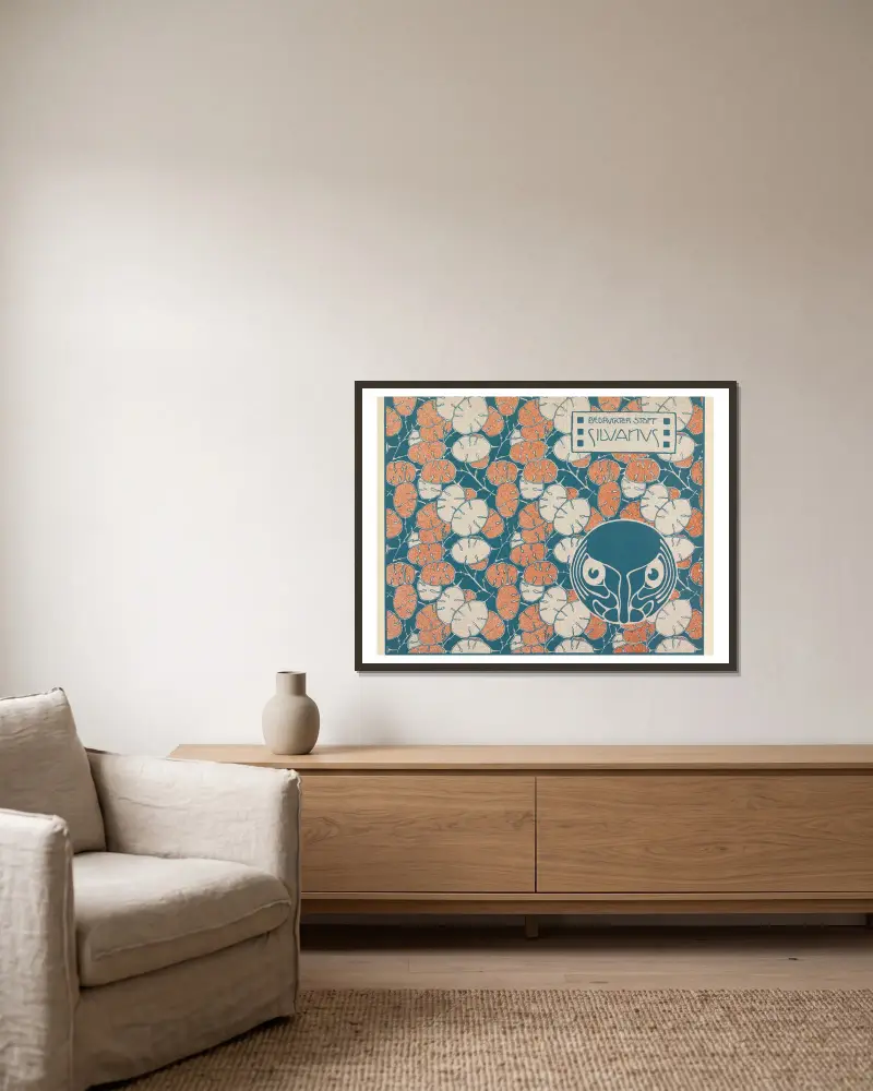 Bedruckter Stoff Silvanus (Silvanus Printed Fabric) av Koloman Moser inramad på en vägg