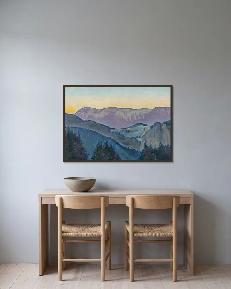Blick auf die Rax von der Villa Mautner v. Markhof im Abendlicht av Koloman Moser inramad på en vägg