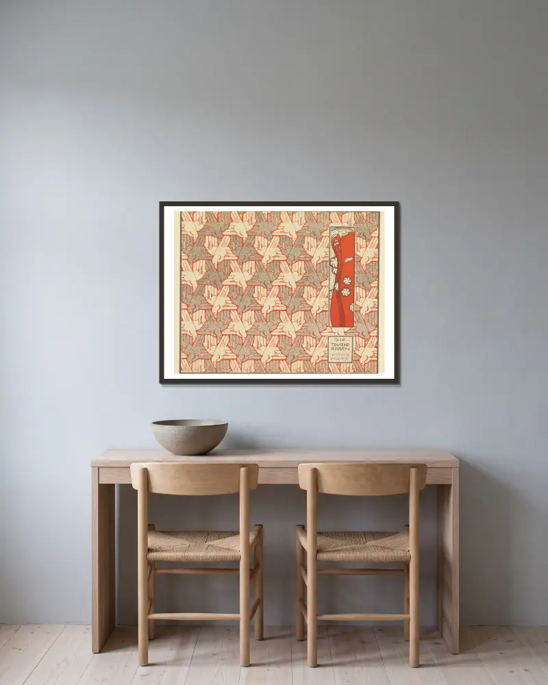Die Tausend Raben Vorsatz Papier (A Thousand Ravens Book End Paper) av Koloman Moser inramad på en vägg