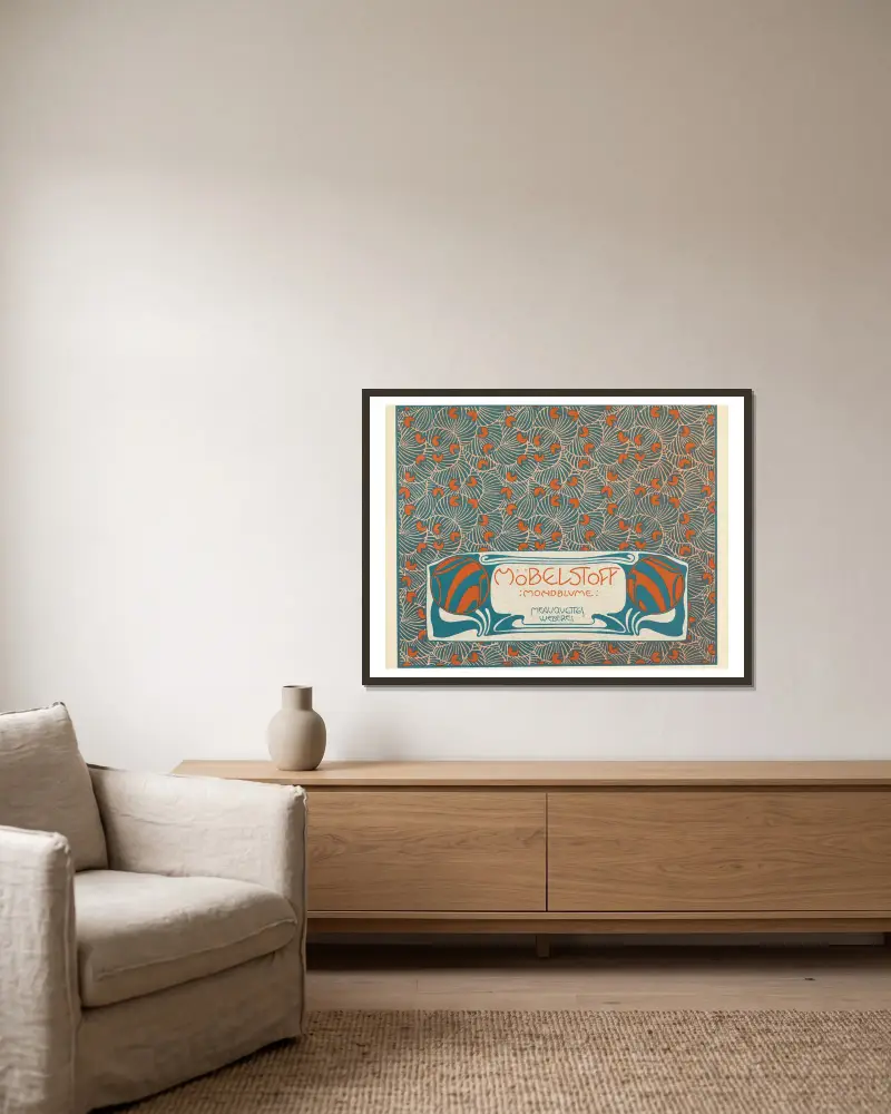 Mobelstoff Mondblume Meauquettes Weberei (Moon Blossom Woven Upholstery Fabric Maquette) av Koloman Moser inramad på en vägg