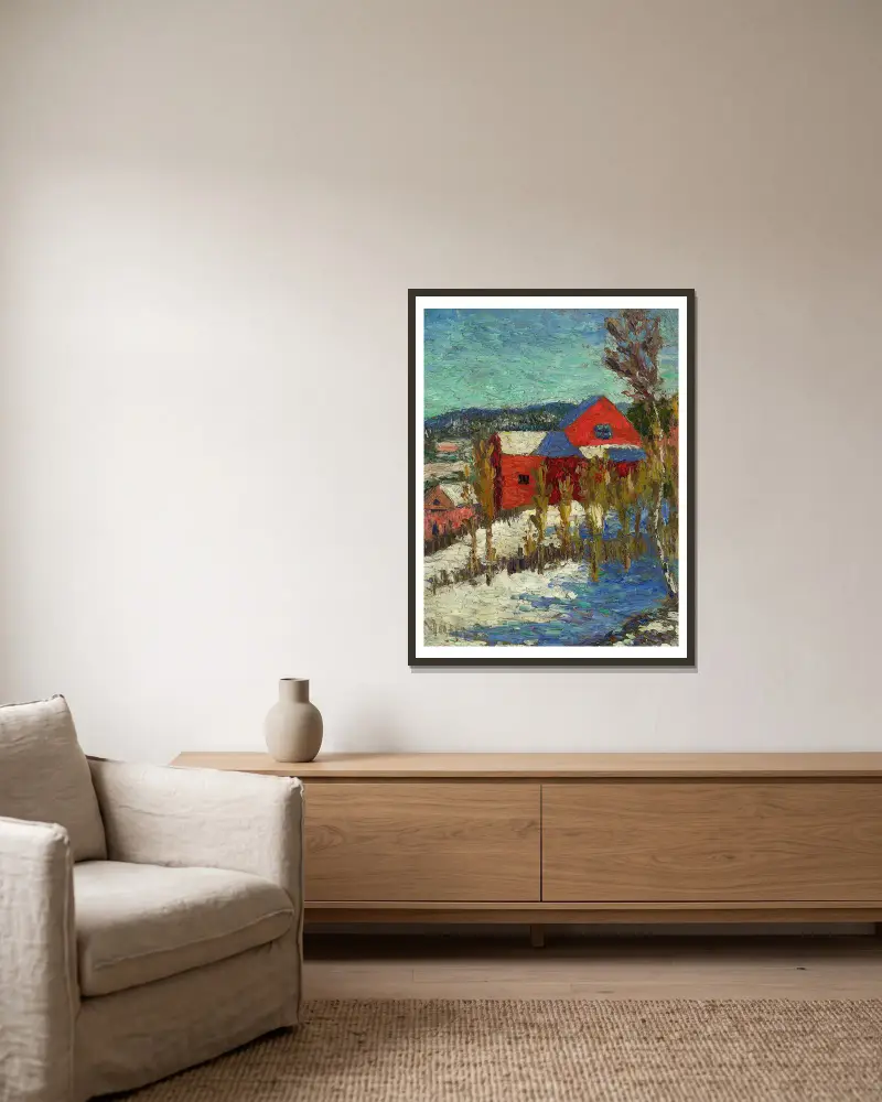 Landschaft mit Häusern von Konrad Mägi gerahmt an einer Wand
