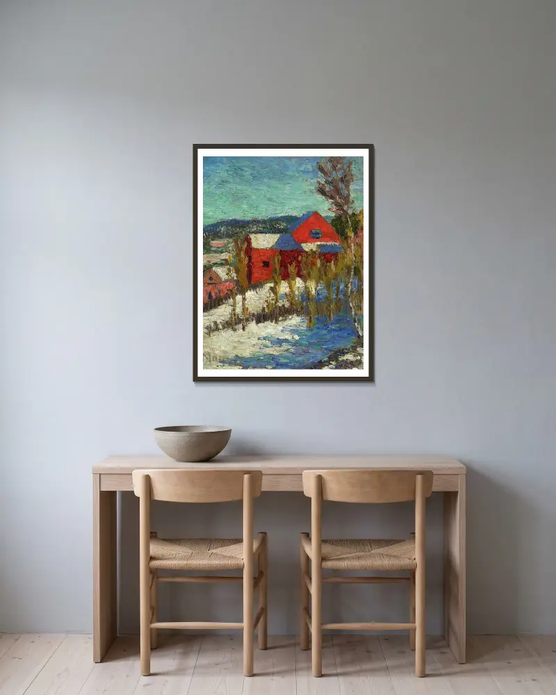 Landschaft mit Häusern von Konrad Mägi gerahmt an einer Wand