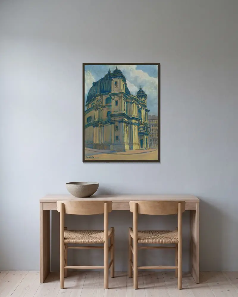 Kyrka i Wien av Konštantín Bauer inramad på en vägg