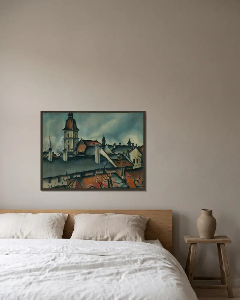 Blick auf Košice von Konštantín Bauer gerahmt an einer Wand