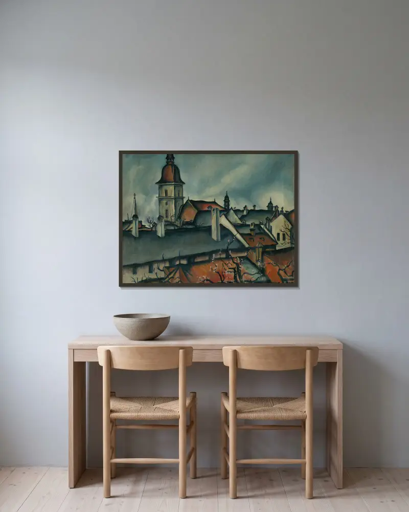 Blick auf Košice von Konštantín Bauer gerahmt an einer Wand