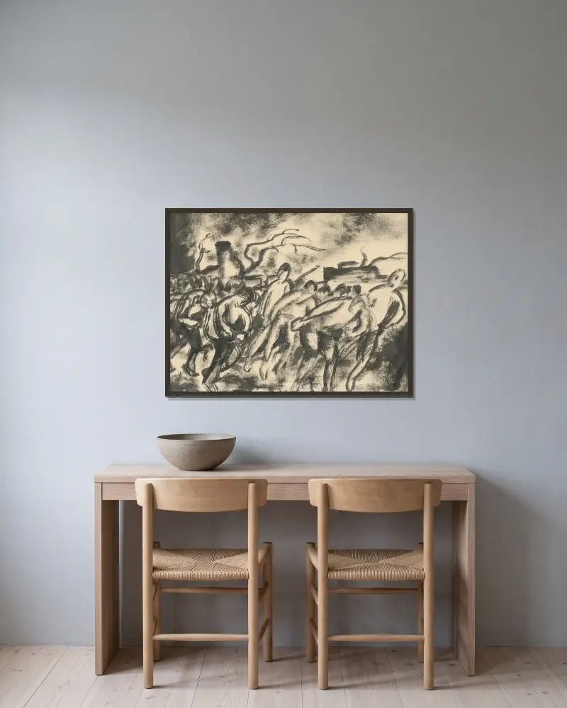 Strejk I av Konštantín Bauer inramad på en vägg