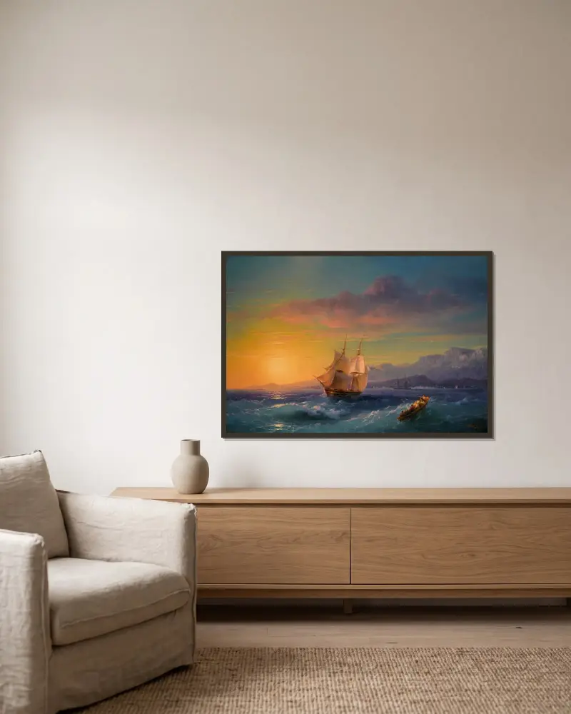 Ship at Sunset off Cap Martin av Ivan Konstantinovich Aivazovsky inramad på en vägg