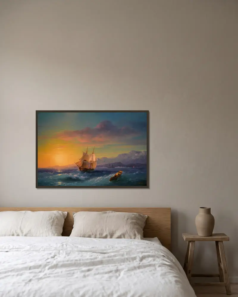 Ship at Sunset off Cap Martin av Ivan Konstantinovich Aivazovsky inramad på en vägg