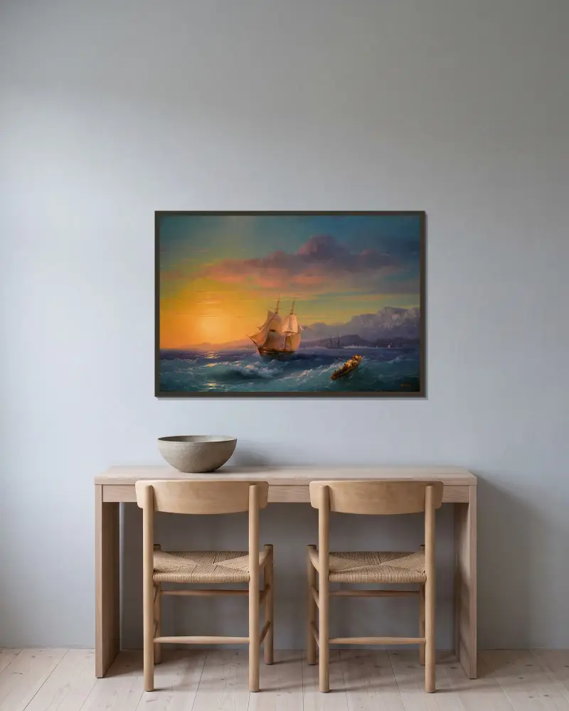 Ship at Sunset off Cap Martin av Ivan Konstantinovich Aivazovsky inramad på en vägg