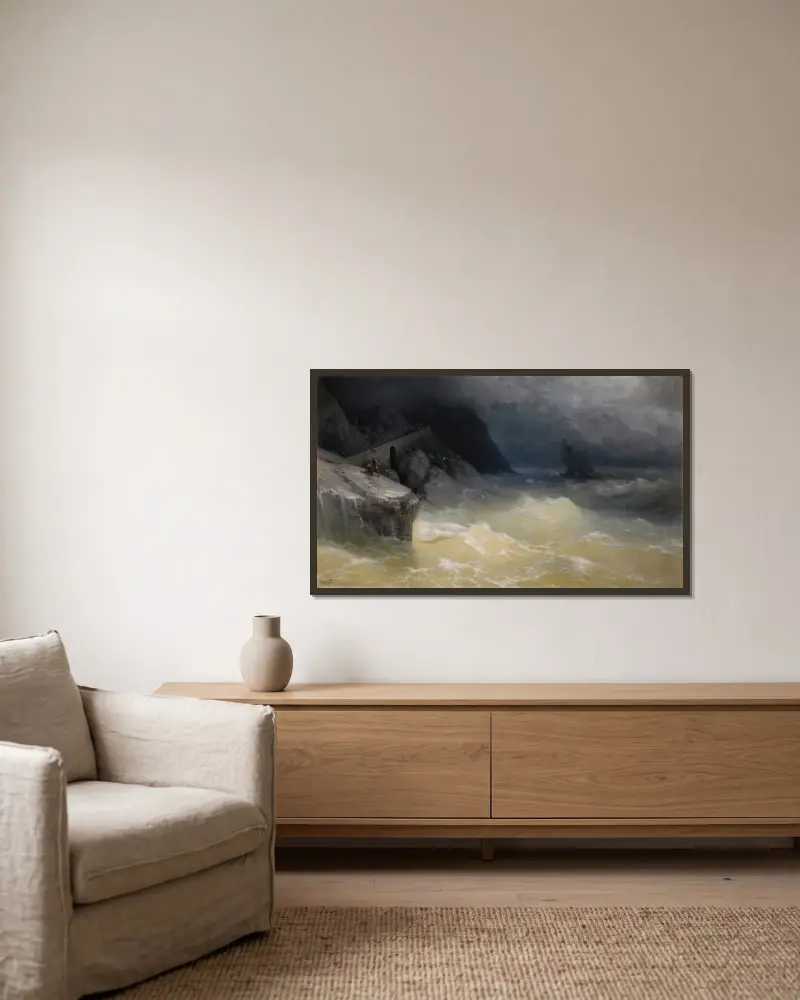 Skeppsbrott vid Svarta havets kust av Ivan Konstantinovich Aivazovsky inramad på en vägg