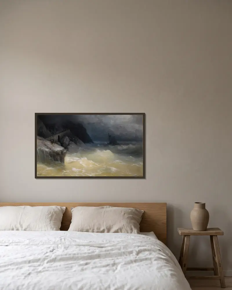 Skeppsbrott vid Svarta havets kust av Ivan Konstantinovich Aivazovsky inramad på en vägg