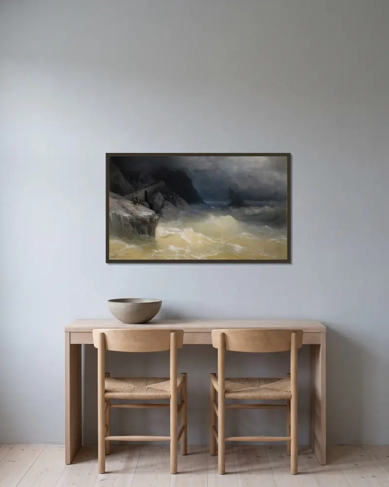 Skeppsbrott vid Svarta havets kust av Ivan Konstantinovich Aivazovsky inramad på en vägg
