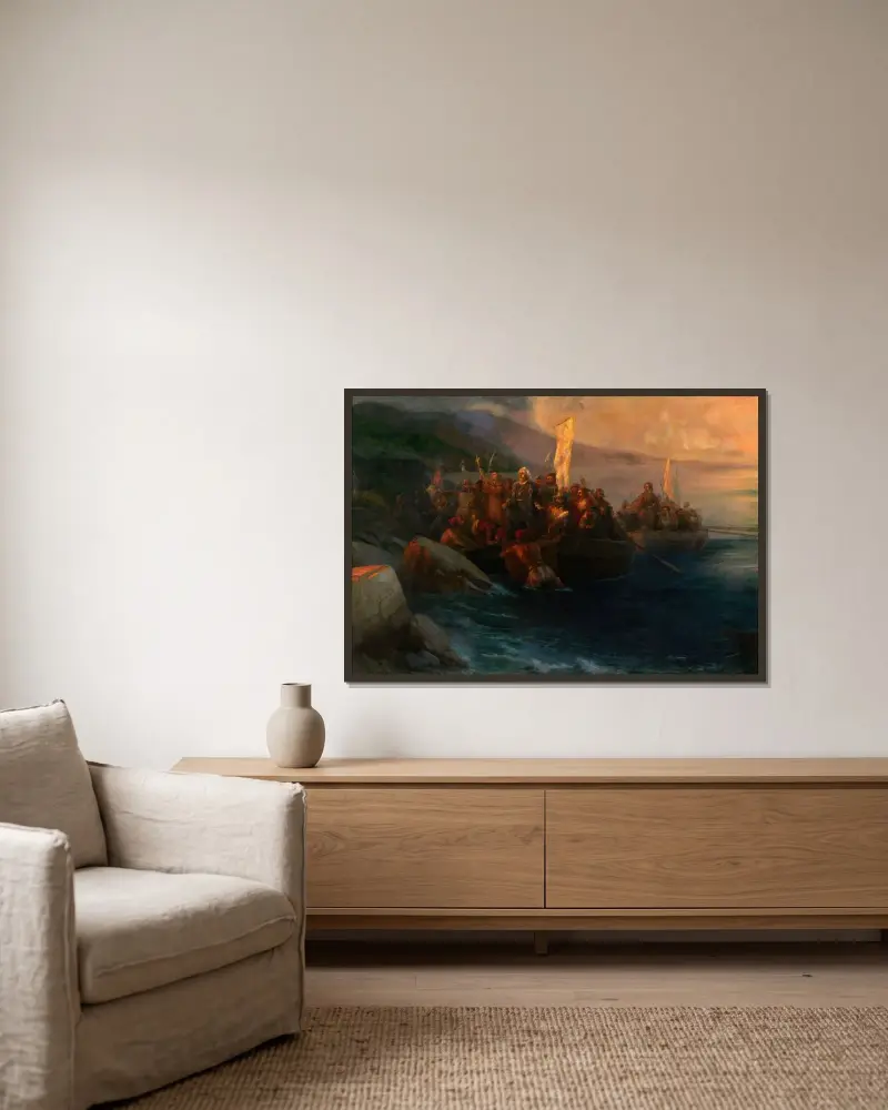 The Disembarkation of Christopher Columbus with Companions on Three Launches, on Friday 12th October 1492, At Sunrise, on an American Island Named San Salvador by Him on the Very Same Day av Ivan Konstantinovich Aivazovsky inramad på en vägg