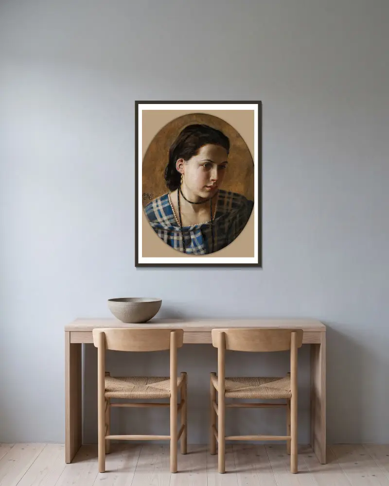 Portrait of Vilhemine Erichsen av Kristian Zahrtmann inramad på en vägg
