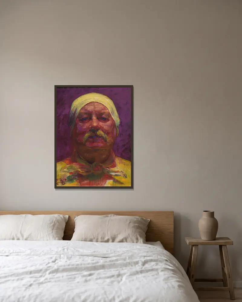 Self-portrait by Lamplight av Kristian Zahrtmann inramad på en vägg