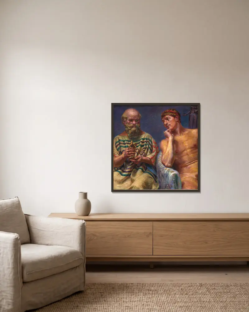 Socrates And Alcibiades (1910_1911) av Kristian Zahrtmann inramad på en vägg