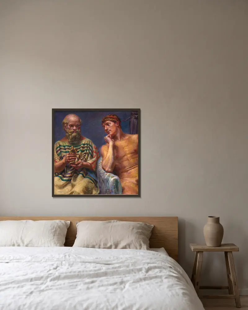 Socrates And Alcibiades (1910_1911) av Kristian Zahrtmann inramad på en vägg