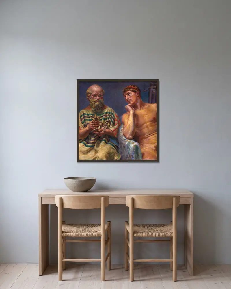 Socrates And Alcibiades (1910_1911) av Kristian Zahrtmann inramad på en vägg