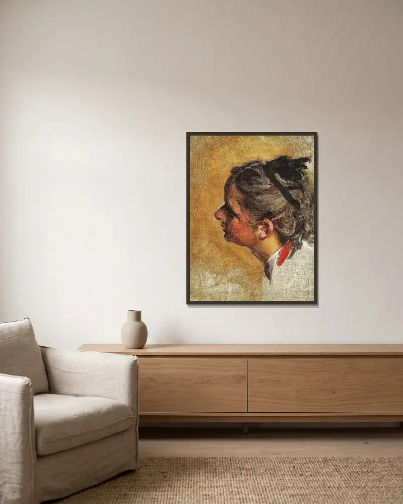 Studie i Profil fra venstre Side af en ung Pige til Maleriet Julie og Ammen av Kristian Zahrtmann inramad på en vägg