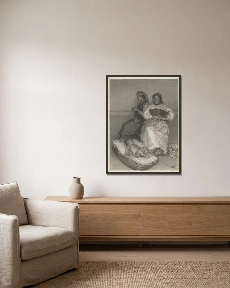 Two Seated Italian Women with a Baby in a Cradle av Kristian Zahrtmann inramad på en vägg
