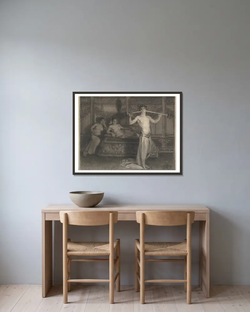 Two Women in an Interior Listening to a Young Musician in Antique Times av Kristian Zahrtmann inramad på en vägg