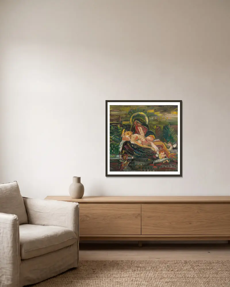Pietà von Arnold Peter Weisz-Kubínčan gerahmt an einer Wand
