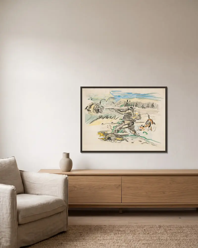 Schießender Jäger von Arnold Peter Weisz-Kubínčan gerahmt an einer Wand
