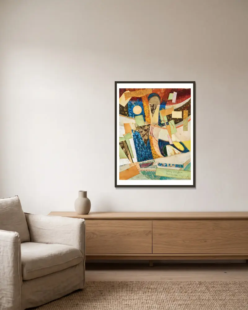 c 71 fallende Papierstücke von Kurt Schwitters gerahmt an einer Wand