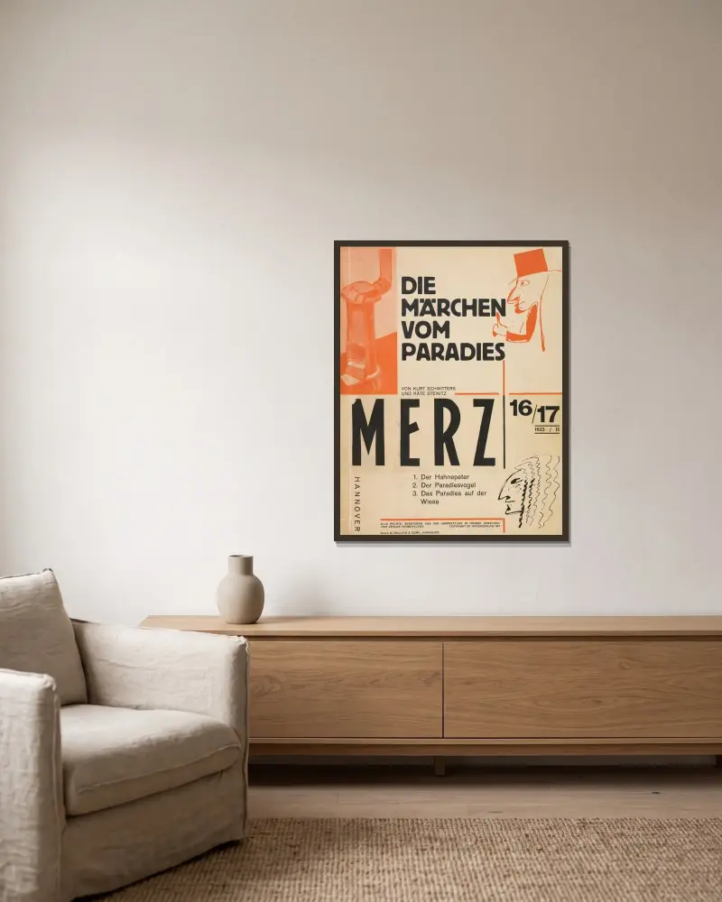 Sagorna om paradiset av Kurt Schwitters inramad på en vägg