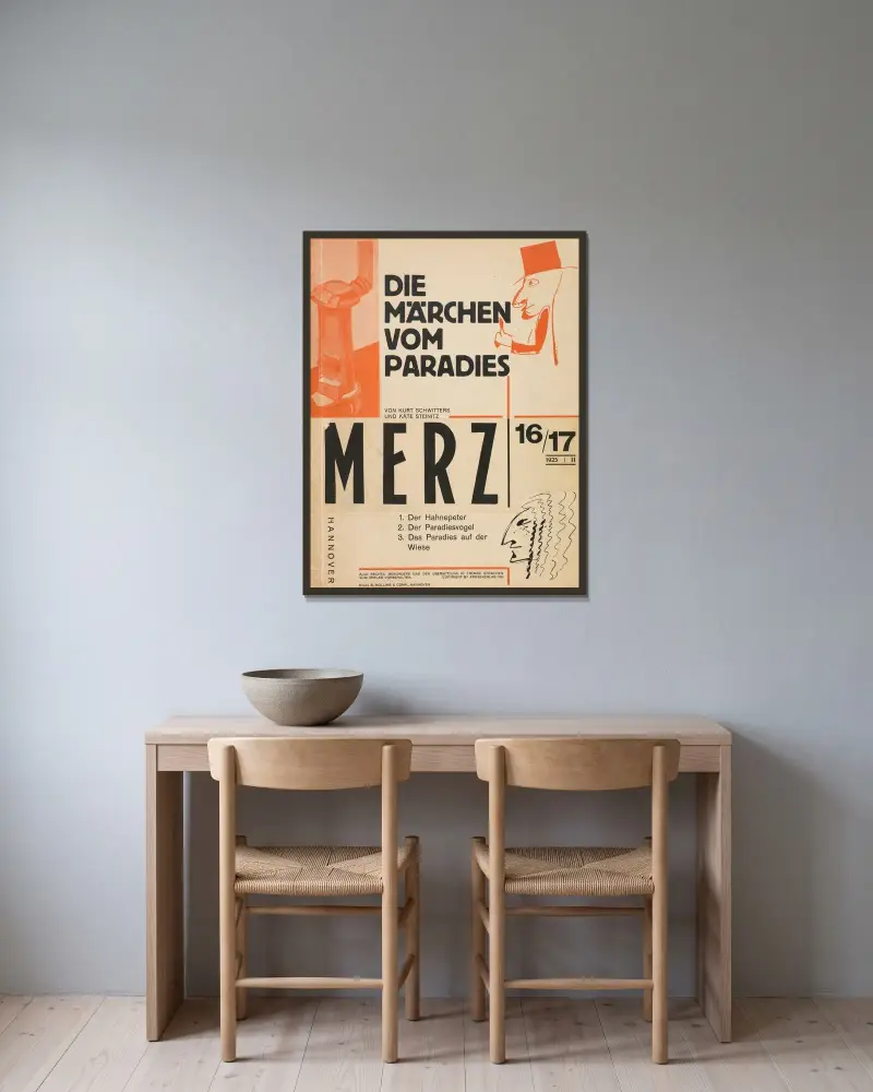 Sagorna om paradiset av Kurt Schwitters inramad på en vägg