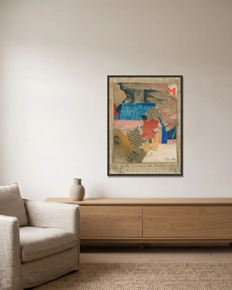 Für Edith Tschichold av Kurt Schwitters inramad på en vägg