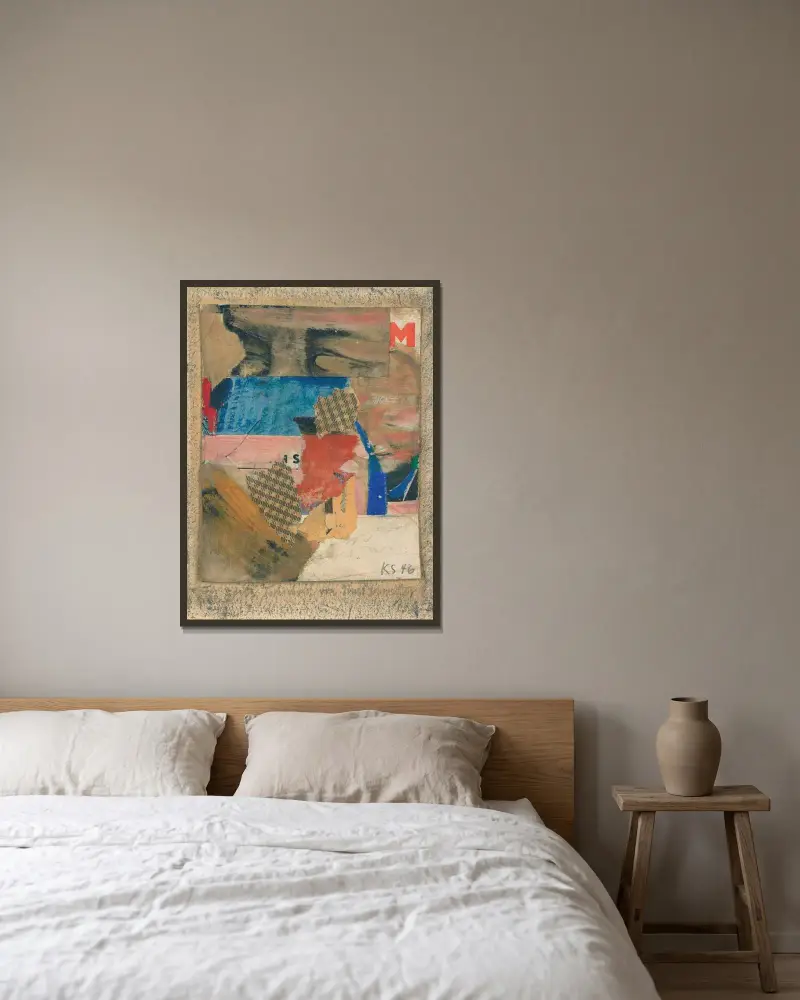 Für Edith Tschichold av Kurt Schwitters inramad på en vägg
