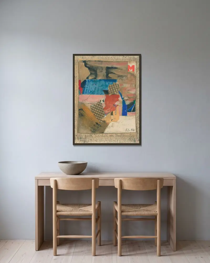 Für Edith Tschichold av Kurt Schwitters inramad på en vägg