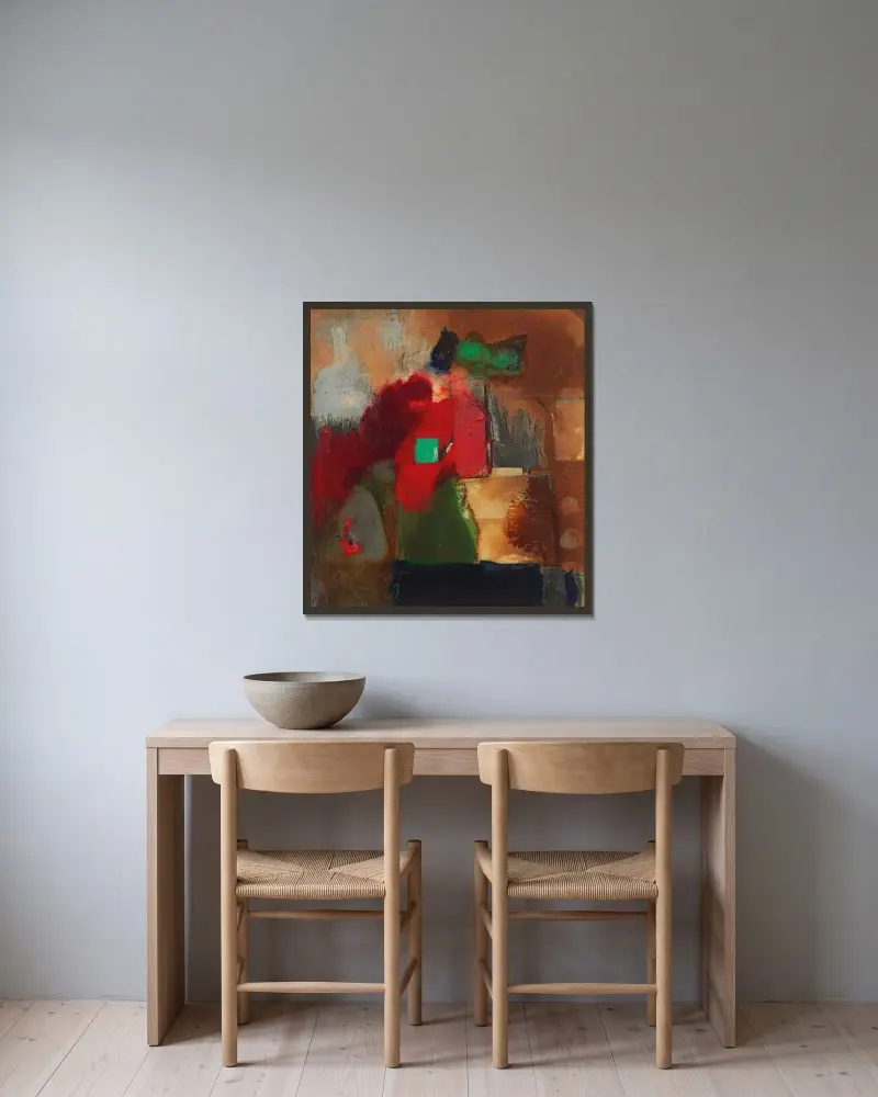 Grünviereck av Kurt Schwitters inramad på en vägg