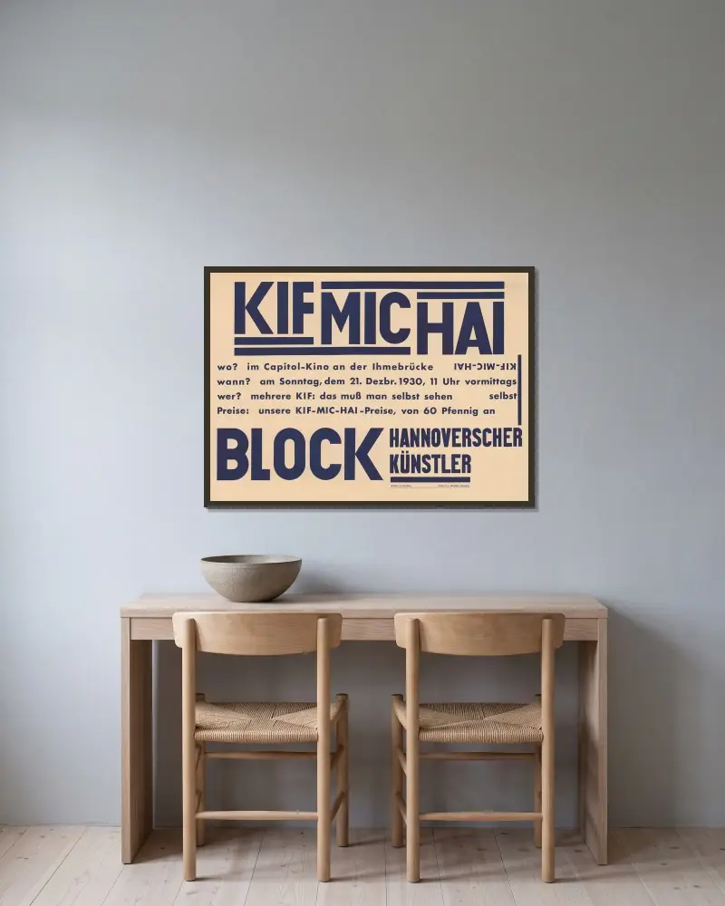 KIF MIC HAI, Block Hannoverscher Künstler av Kurt Schwitters inramad på en vägg