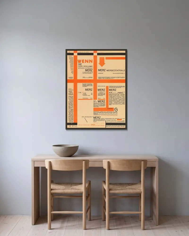 Merz 11. Typoreklame av Kurt Schwitters inramad på en vägg
